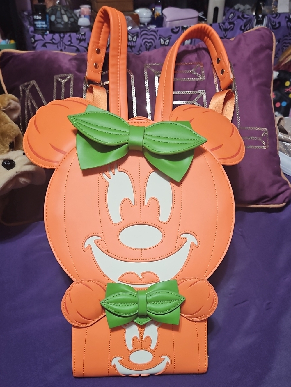 Loungefly Disney Pumpkin Minnie Mouse  Backpack  & Wallet Set with Green Bows